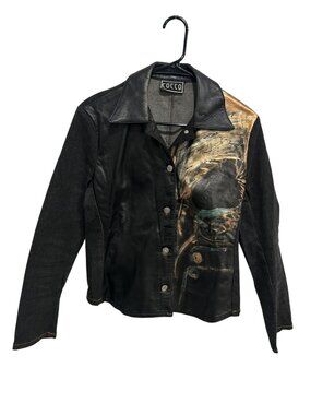Vintage Cocco Black Denim Leather Painted Abstract Jacket Size 16 Retro Art